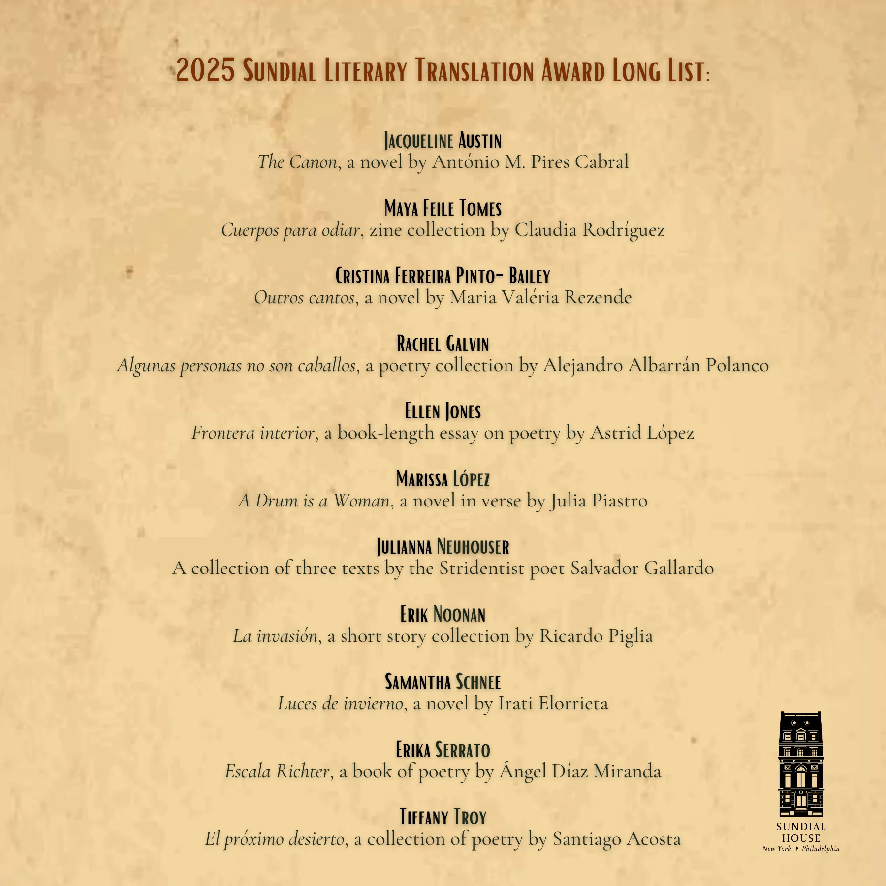 2025 Sundial Literary Translation Award finalists