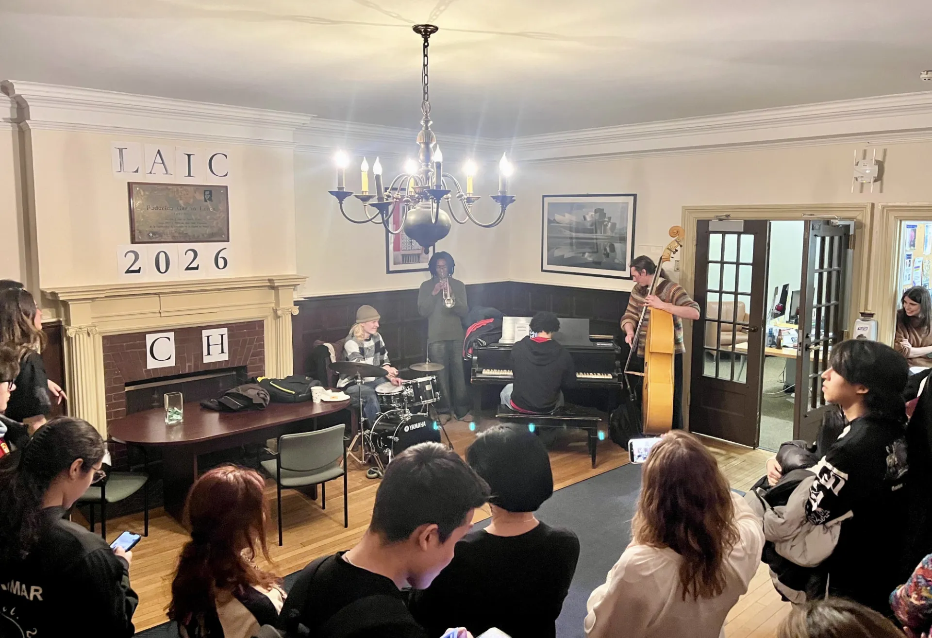A Columbia University Student Jazz Quartet Greeting Students at the Open House in Spring 2026 in the Department of Latin American and Iberian Cultures Columbia University