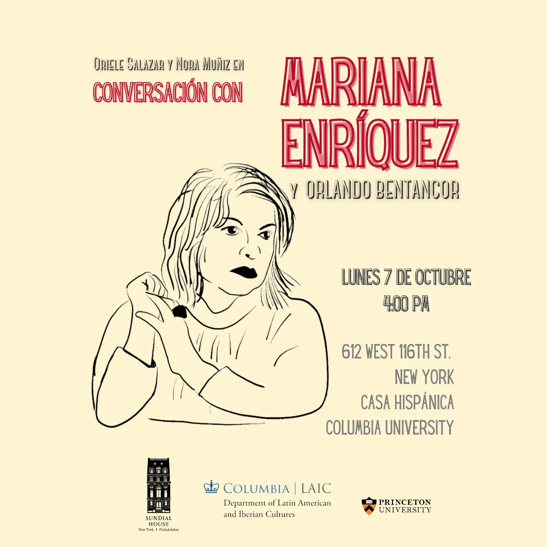 Flyer of the event featuring a drawn portrait of author Mariana Enriquez.