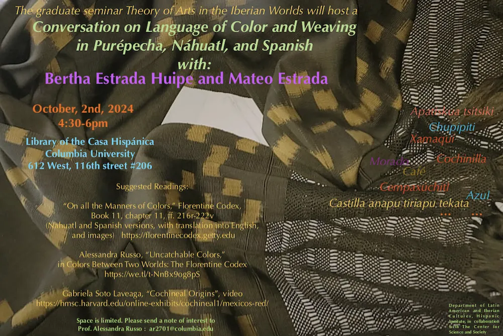 Flyer of the event featuring a photograph of woven rebozos and names of colors in Purépecha.